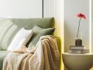 Living room with green sofa, throw blanket, side table with books and a flower in a vase