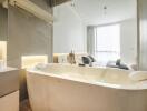 Modern bathroom with a free-standing bathtub and view into the bedroom