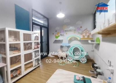 Playroom with colorful decor and storage