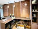 Modern kitchen with bar stools and built-in shelving