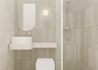 Minimalist bathroom with a shower, toilet, sink, and wall-mounted mirror