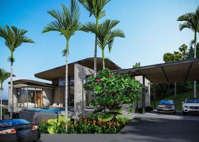 A modern villa exterior with pool and driveway