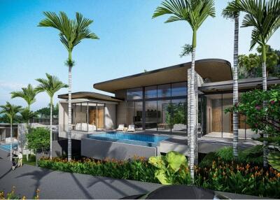 Modern luxury villa with pool and palm trees