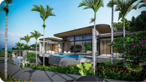 Modern luxury villa with pool and palm trees