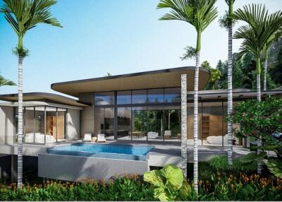 Modern villa with large glass windows and pool surrounded by tropical plants