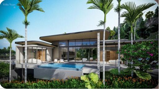 Modern villa with large glass windows and pool surrounded by tropical plants