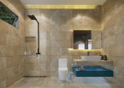 Modern bathroom with large tiles and sleek fixtures