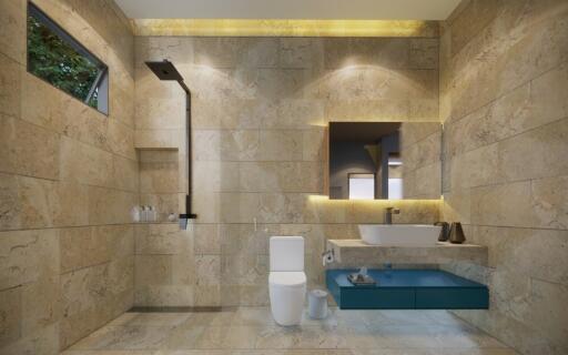 Modern bathroom with large tiles and sleek fixtures