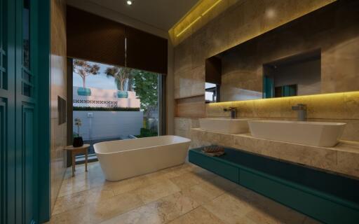 Modern bathroom with dual sinks, bathtub, and large mirror