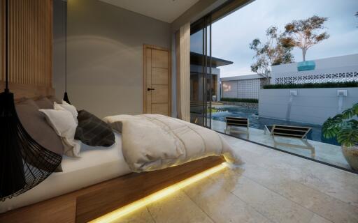 Modern bedroom with pool view