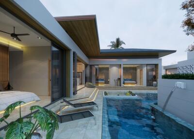 Modern outdoor view with swimming pool and bedroom