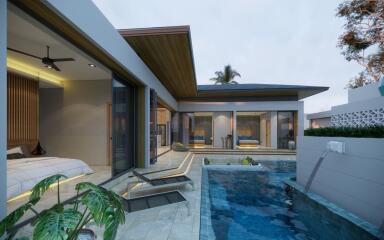 Modern outdoor view with swimming pool and bedroom