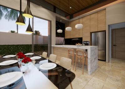 Modern kitchen and dining area with elegant lighting