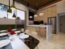 Modern kitchen and dining area with elegant lighting