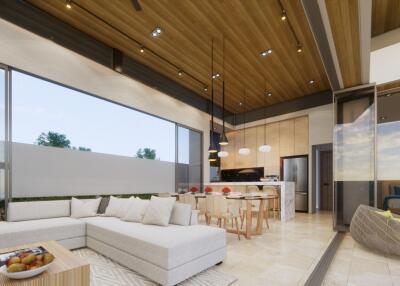 Modern living room with open kitchen and ceiling to floor windows