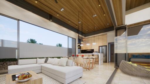 Modern living room with open kitchen and ceiling to floor windows