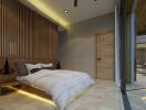 Modern bedroom with wooden accents and ambient lighting