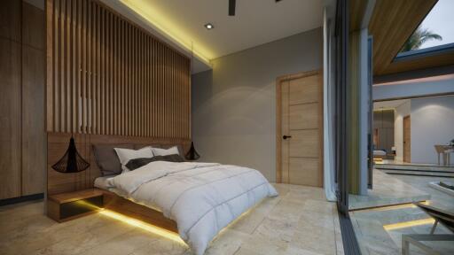 Modern bedroom with wooden accents and ambient lighting