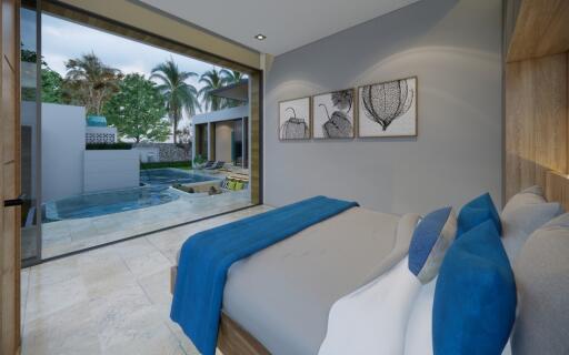 Modern bedroom with pool view