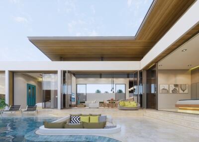 Exterior view of a modern house with a pool
