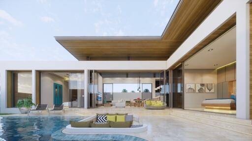 Exterior view of a modern house with a pool