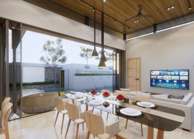 Modern living room with large windows, dining area, and TV