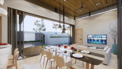 Modern living room with large windows, dining area, and TV