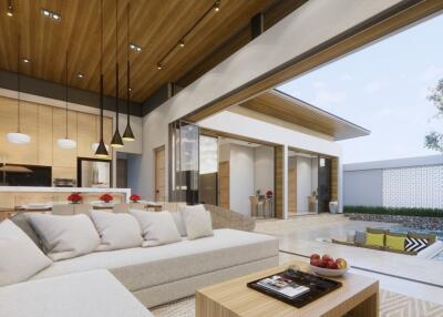 Modern open-concept living area with large sliding doors and outdoor view