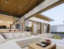 Modern open-concept living area with large sliding doors and outdoor view