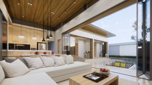 Modern open-concept living area with large sliding doors and outdoor view