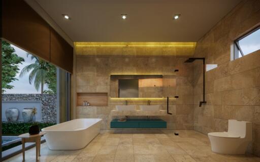 Modern bathroom with bathtub, shower, and vanity