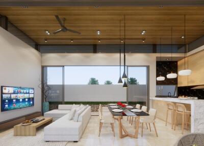 Spacious living room with an open floor plan, modern kitchen, and dining area