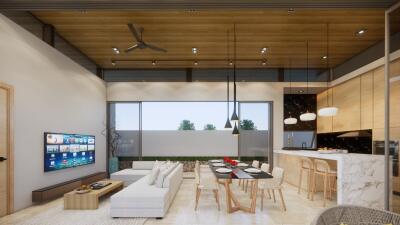 Spacious living room with an open floor plan, modern kitchen, and dining area