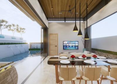 Modern dining area with pool view and open layout