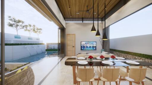 Modern dining area with pool view and open layout