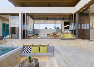 Modern living area with pool and open concept design