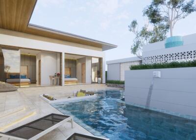 Modern patio with pool and lounging area