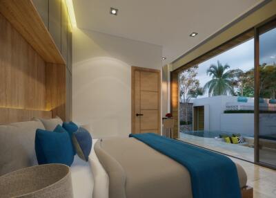 Modern bedroom with large windows overlooking an outdoor pool