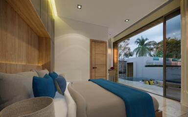 Modern bedroom with large windows overlooking an outdoor pool