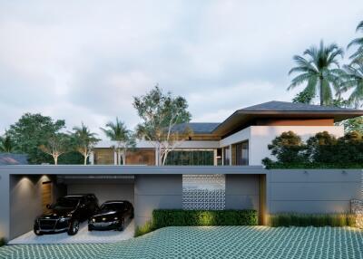 Modern luxury house exterior with two-car garage and lush landscaping
