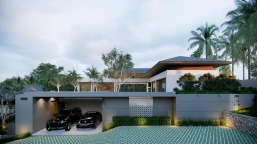 Modern luxury house exterior with two-car garage and lush landscaping