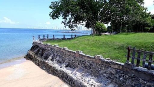 Beachfront property with a stone retaining wall, grassy lawn, and lush trees