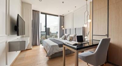 Spacious modern bedroom with city view