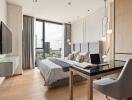 Spacious modern bedroom with city view