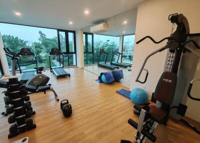 Home gym with various exercise equipment