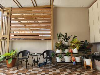 Outdoor patio with seating area and plants