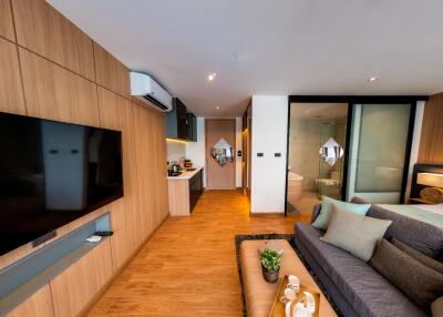 Modern living area with open kitchen, television, couch, and access to bedroom and bathroom