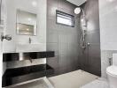 Modern bathroom with shower, sink, mirror, and toilet