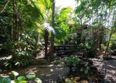 A lush, tropical garden with various trees and plants, a small pond, and a stone pathway