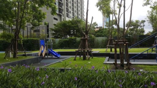 Residential outdoor playground area with slides and greenery